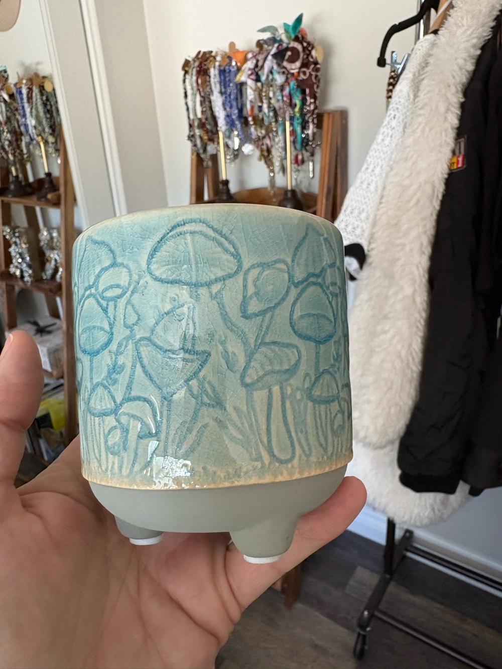 ceramic blue mushroom mini plant holder